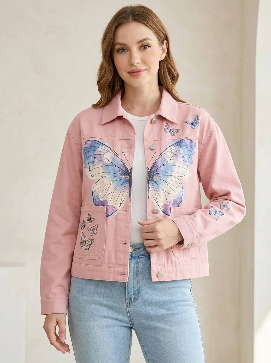 Women's Pink Watercolor Butterfly Button-Front Denim Jacket