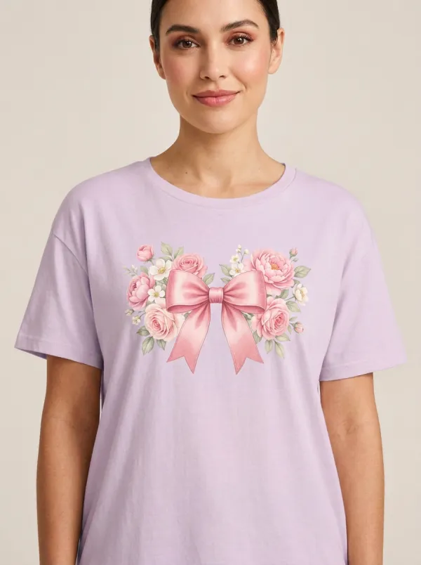 Women's Breast Cancer Awareness Pink Bow Floral Printed T-shirt