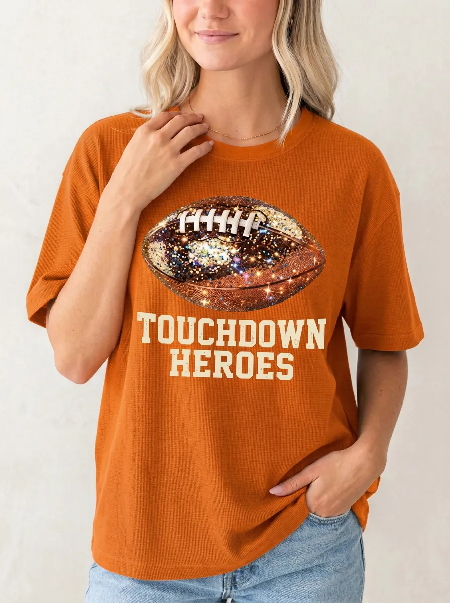 Women's Football Lover Touchdown Heroes Glitter Ball Printed T-shirt