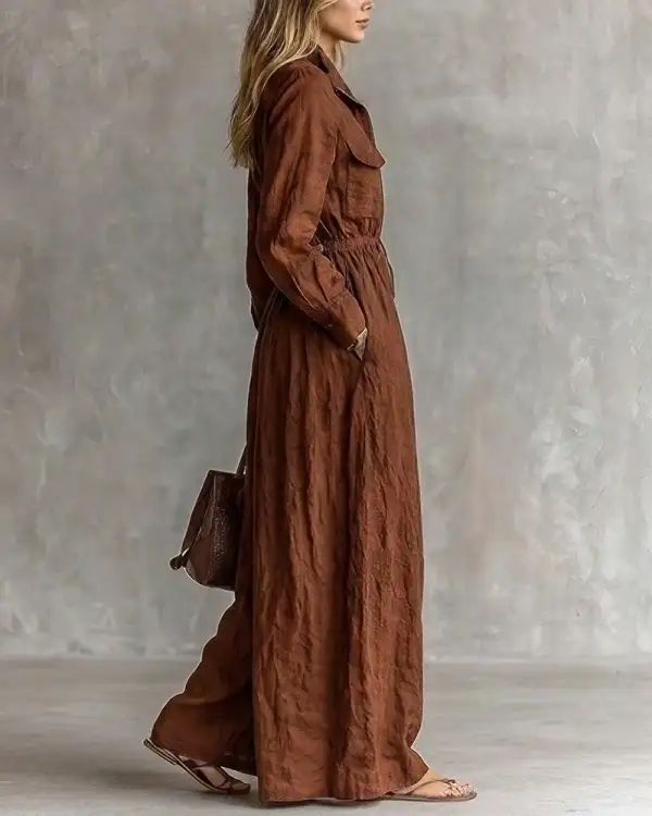 French Chic Zip-Up Lapel Maxi Dress With Cinched Waist
