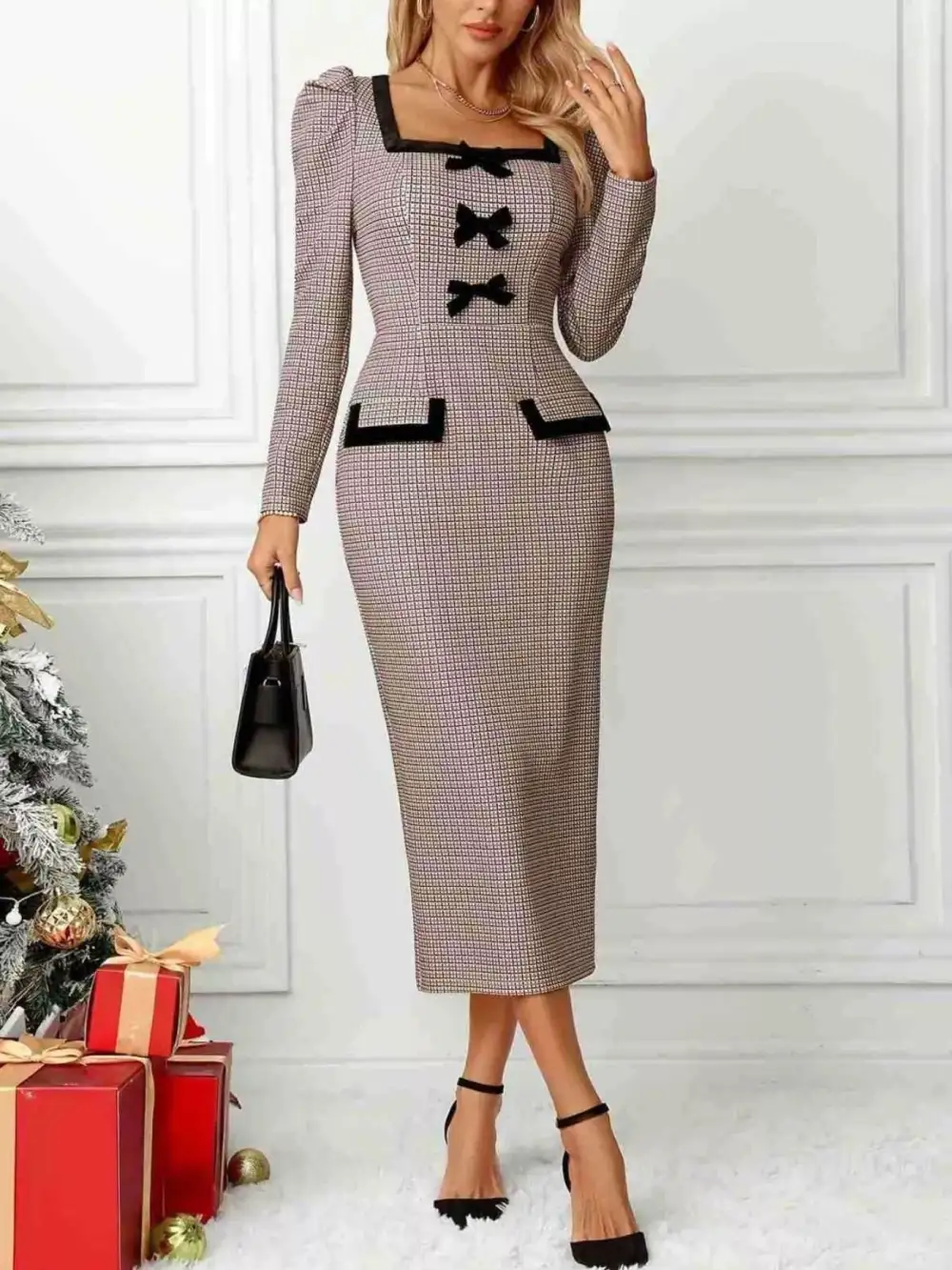 Houndstooth Bow Square Mini Dress