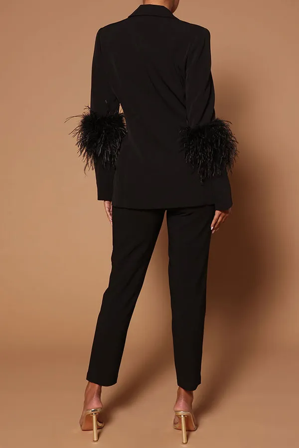 Feather Trim Stylish Pant Suit