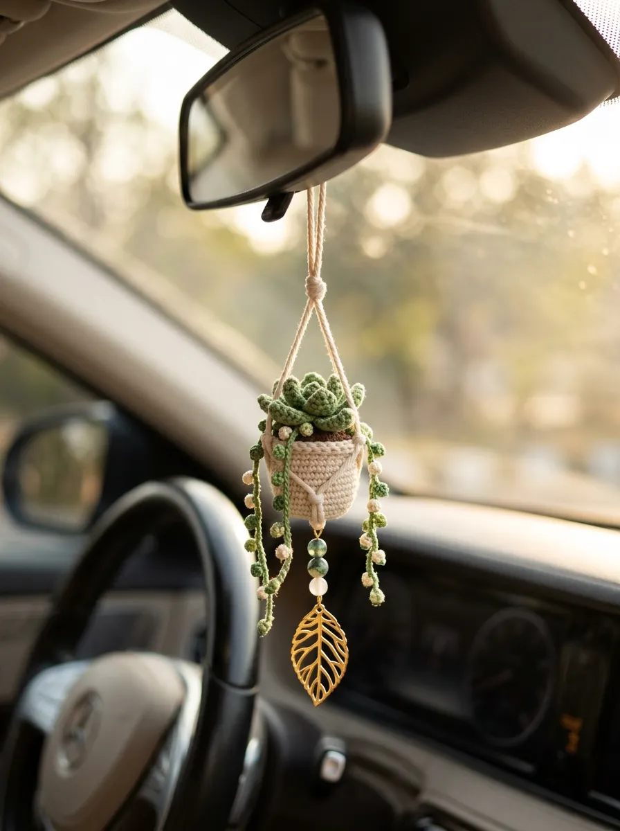 Crochet Plant Leaf Rearview Mirror Hanging Ornament