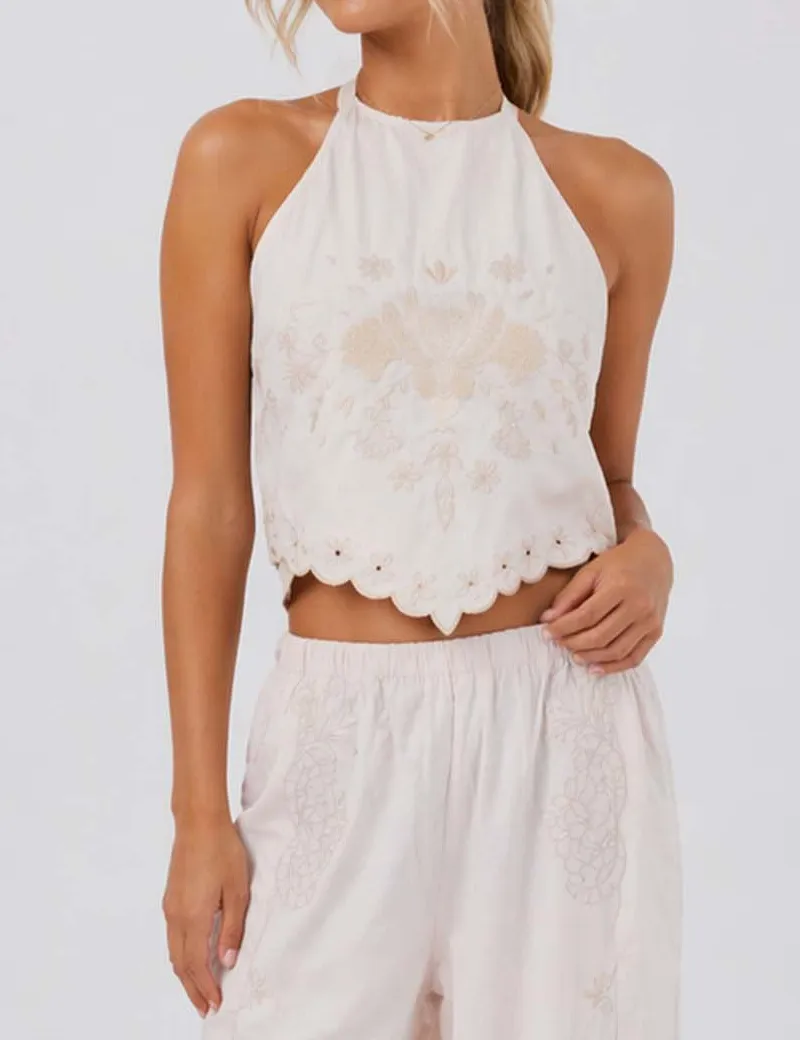 Embroidery Halter Tie-neck Backless Top