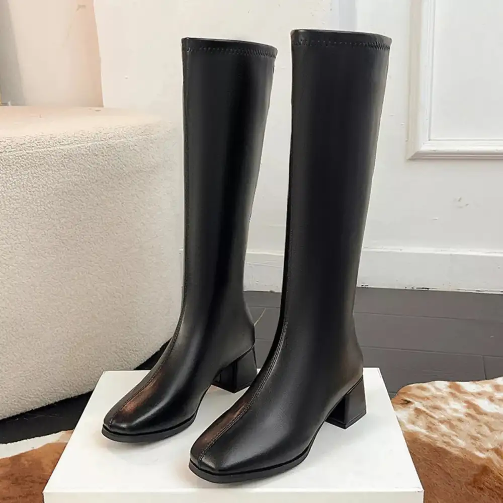 Classic Square Toe Block Heels Boots