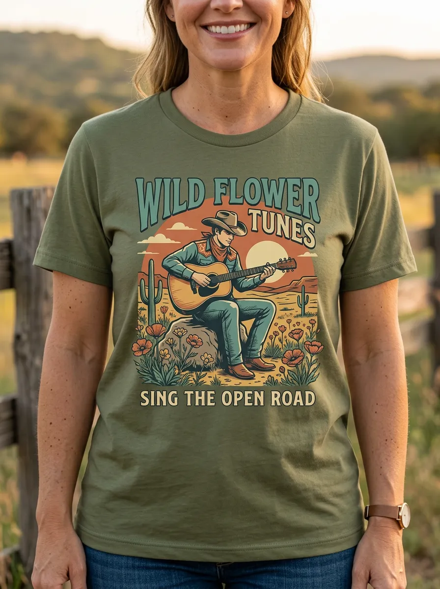 Country-Road Guitar Cowboy Country Music Crewneck T-Shirt