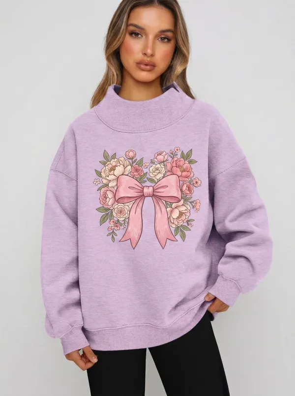 Women's Breast Cancer Awareness Floral Bow Printed Sweatshirt
