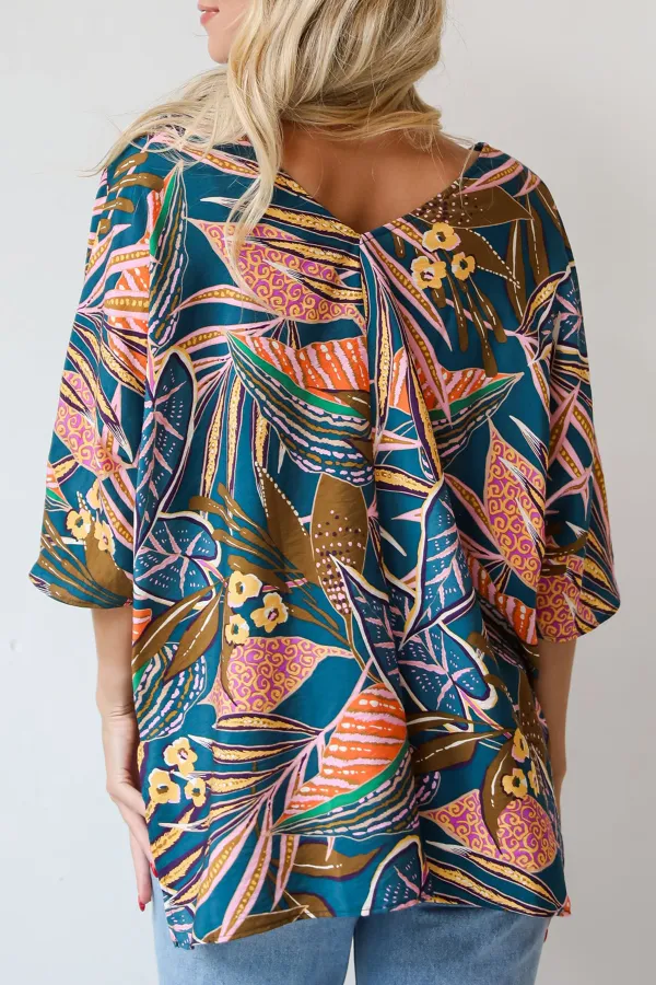 Teal Leaf Print Oversized Blouse