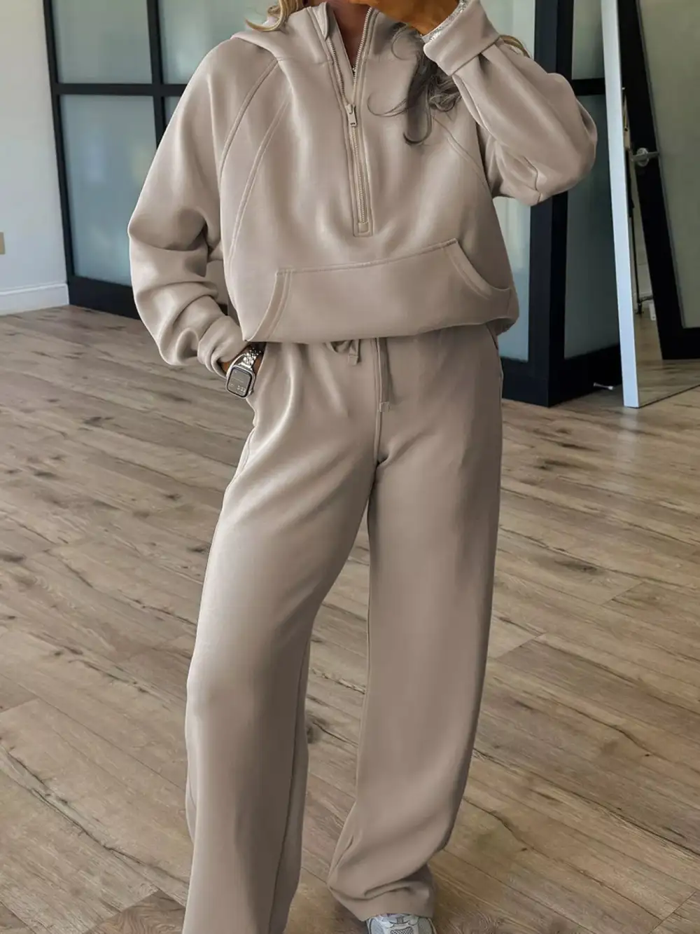 Half Zip Long Sleeve Hoodie and Pants Pcs Outfit