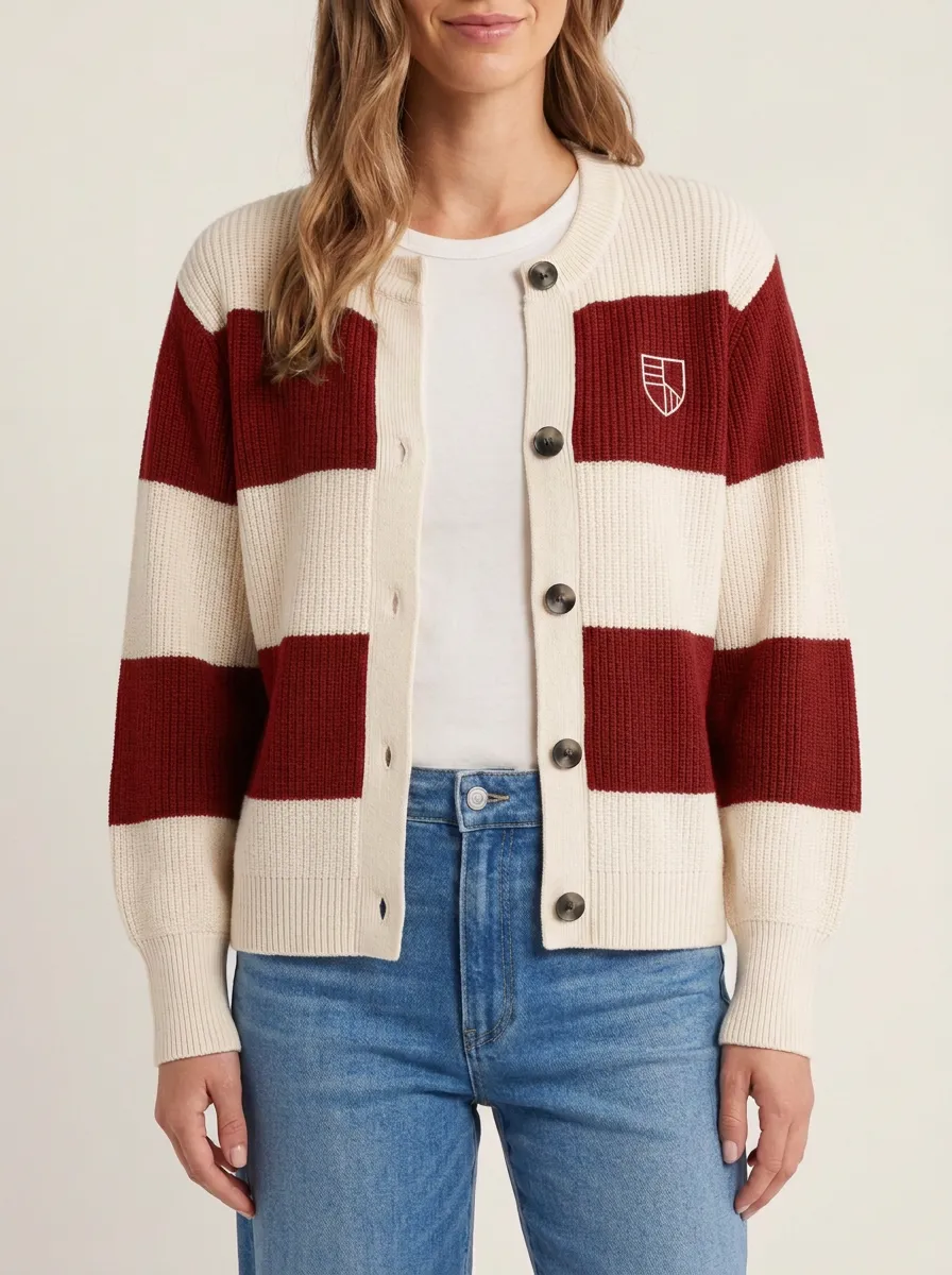 Striped Rugby Striped Shield Embroidered Cardigan