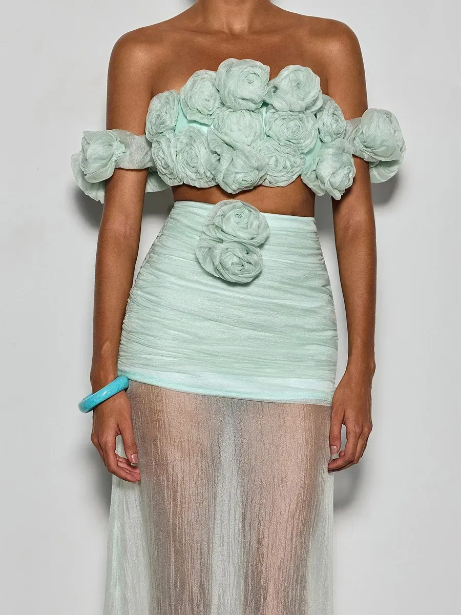 Peyton Off Shoulder Flower Mesh Skirt Set