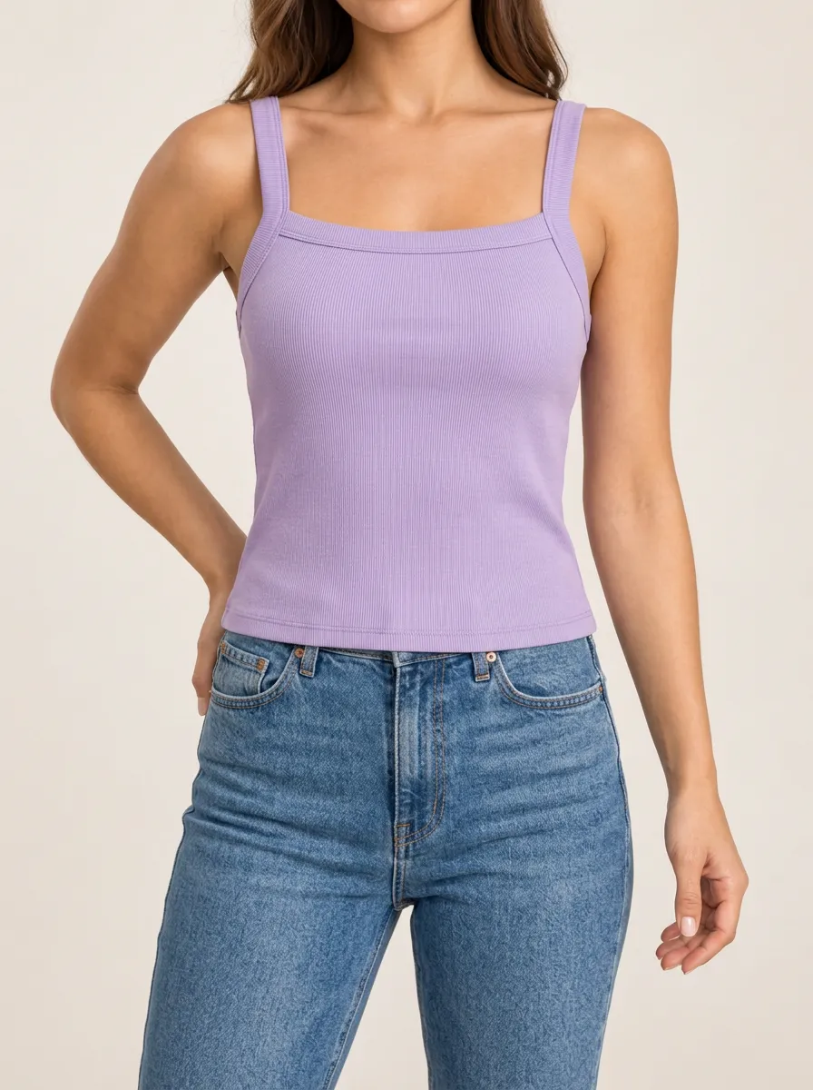 Women's Square Neck Wide Strap Ribbed Straight Hem Relaxed Camisole Top
