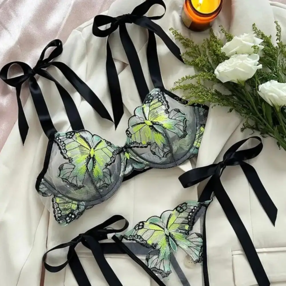 Refined Butterfly Embroidered Lingerie Set