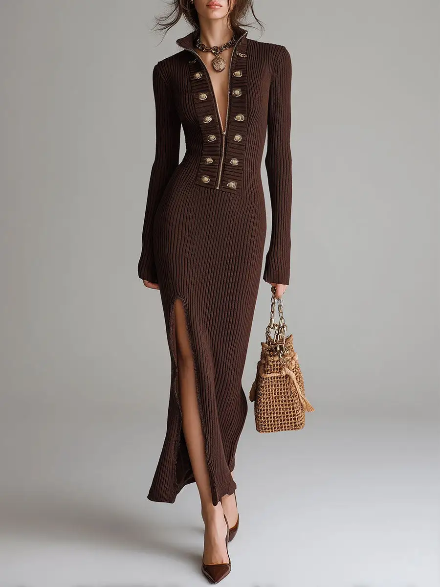 Retro Stand-collar Double-breasted Ribbed Knit Maxi Dress With High Slits