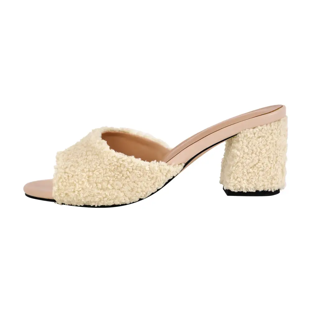 Round Toe Chunky Heel Fur Mule Sandals