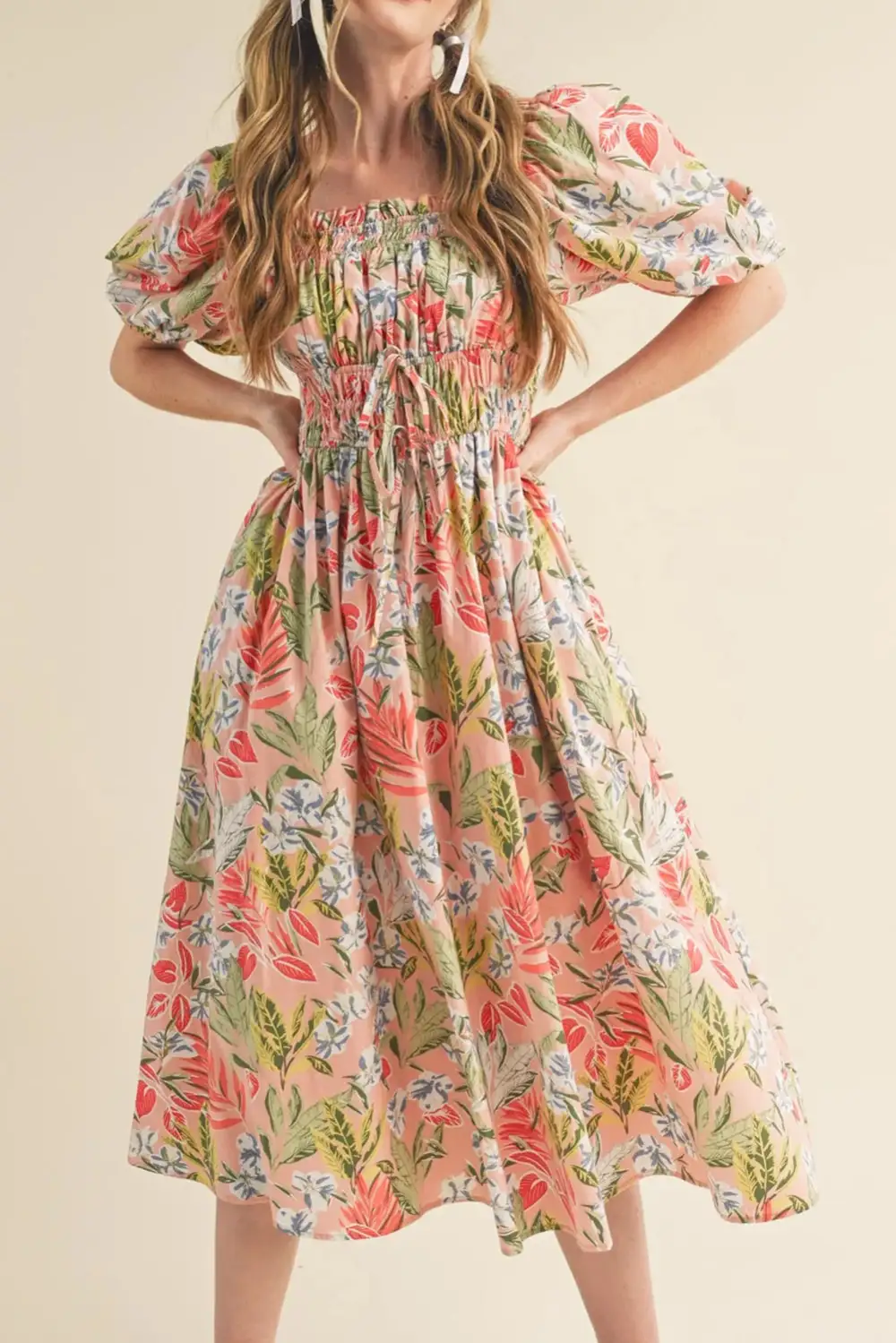Floral Smocked Bust Bubble Short Sleeve Maxi Dress