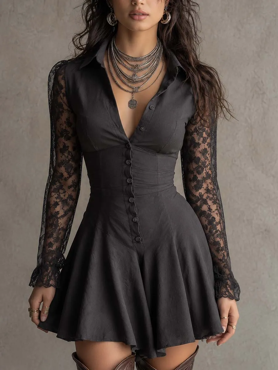 Gothic Boho Collared V Neck Button Down Floral Lace Sleeve Mini Dress