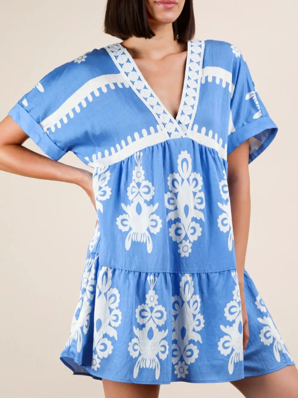 Printed V Neck Short Sleeve Mini Dress