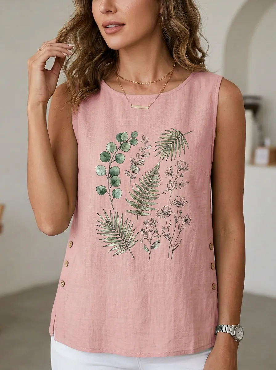 Women's Botanical Nature Lover Fern Leaf Printed Sleeveless Top
