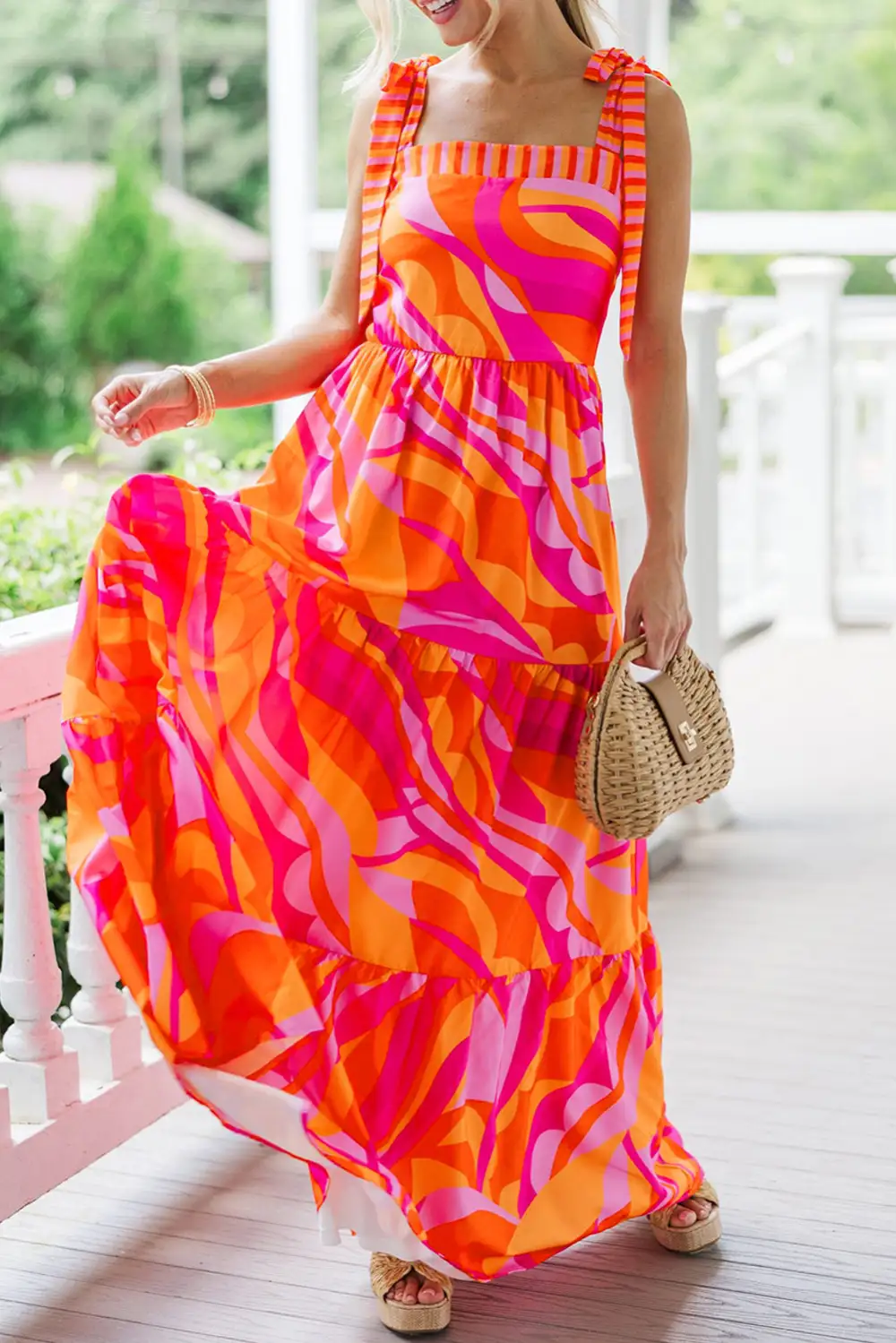 Abstract Print Knotted Shoulder High Waist Maxi Dress