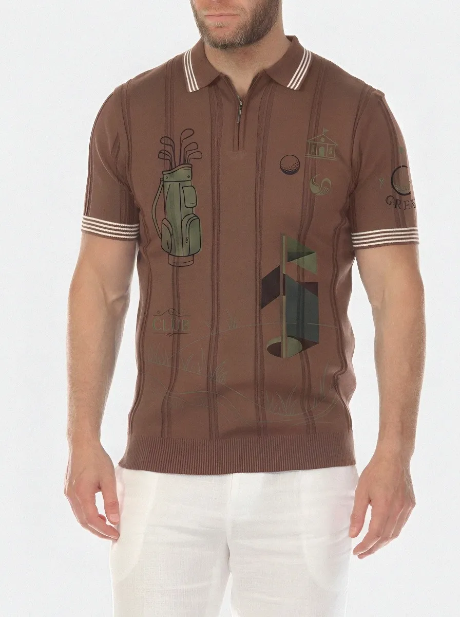 Men's Golf Lover Club Bag Printed Zip Polo Shirt