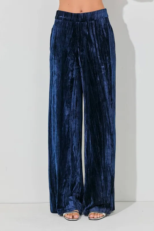 Navy Stretch Blend Velvet Wide Leg Pants