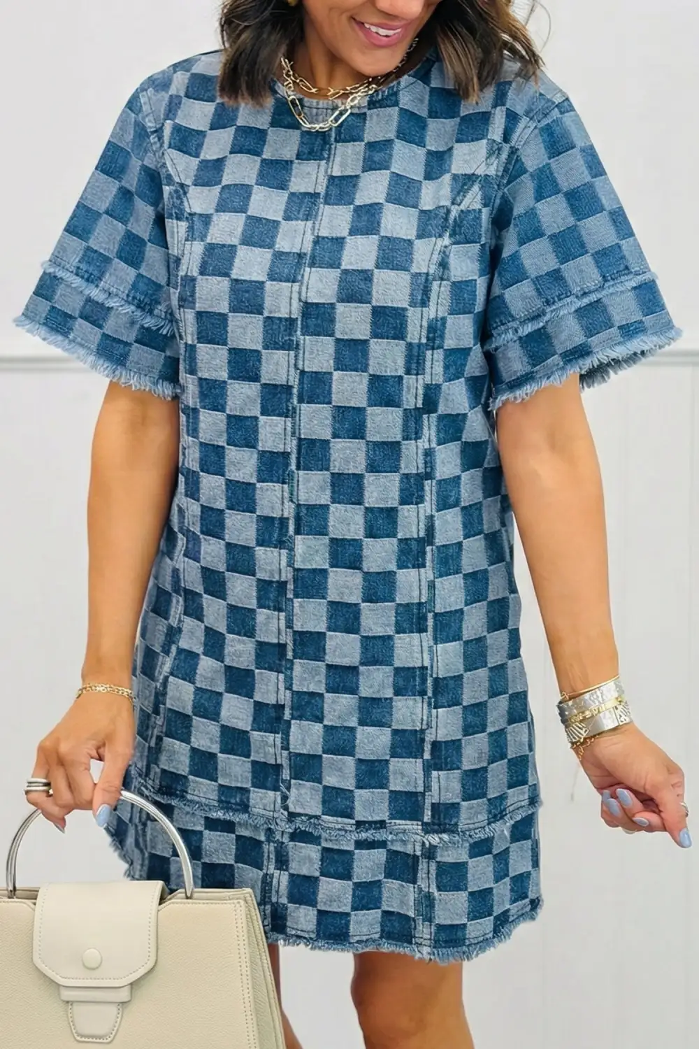 Sky Frayed Hem Checkered Denim Mini Dress