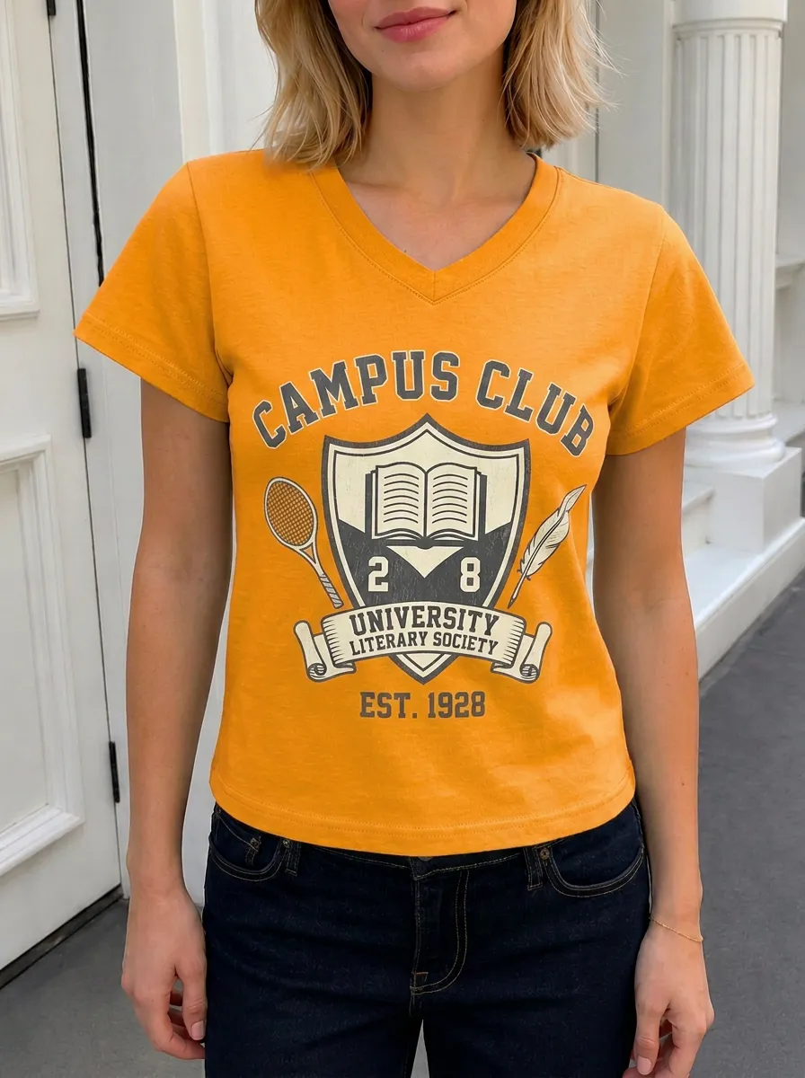 Women's Campus Club Literary Society Book Tennis Printed V-neck T-shirt