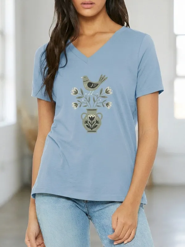 Women's Folk Art Bird and Floral Vase Printed V-neck T-shirt
