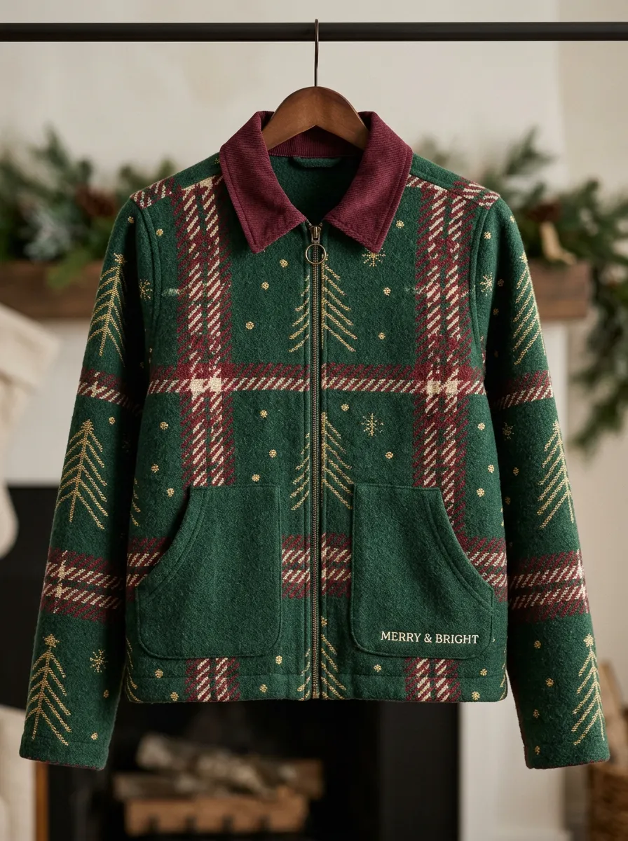 Christmas Plaid Tree Pattern Print Zip-up Jacket
