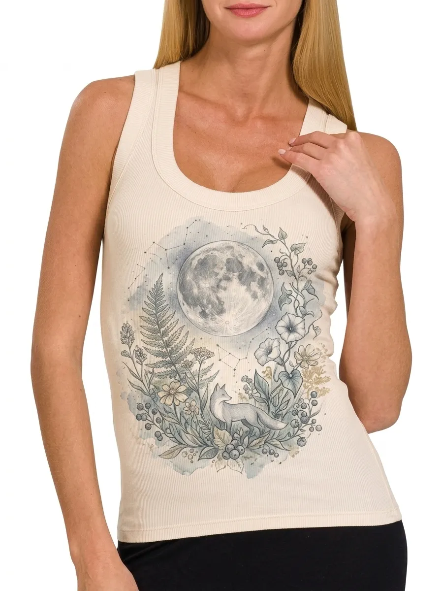 Women's Nature Lover Moon Fox Floral Printed Tank Top
