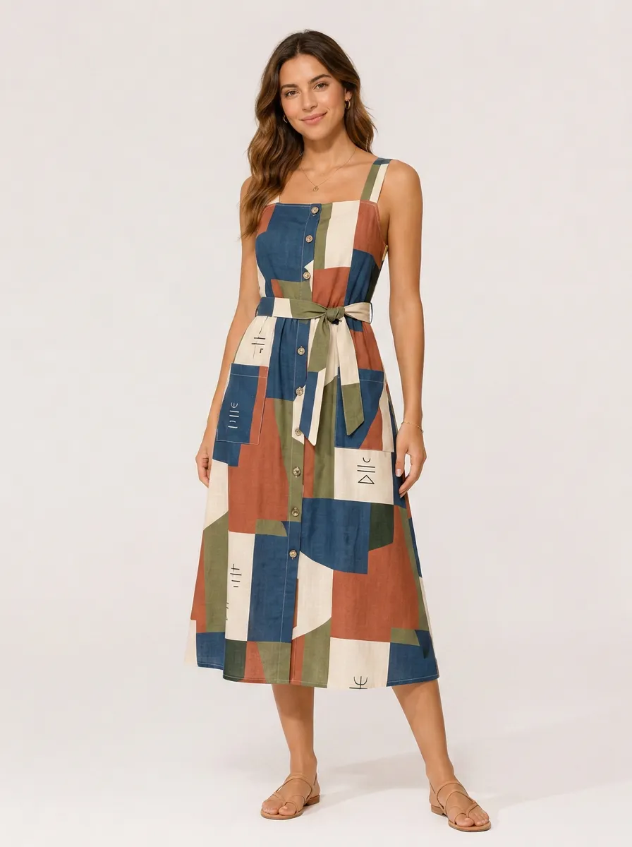 Women's Geometric Abstract Pattern Printed Button-down Midi Dress