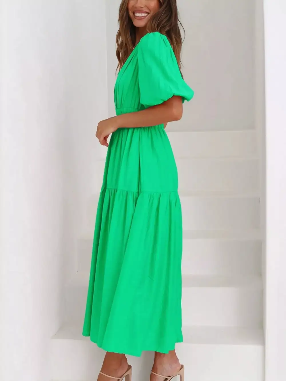 V Neck Puff Sleeve Midi Dress