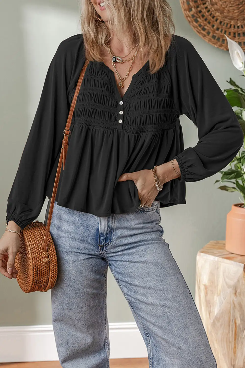Smocked V-Neck Button Front Blouse