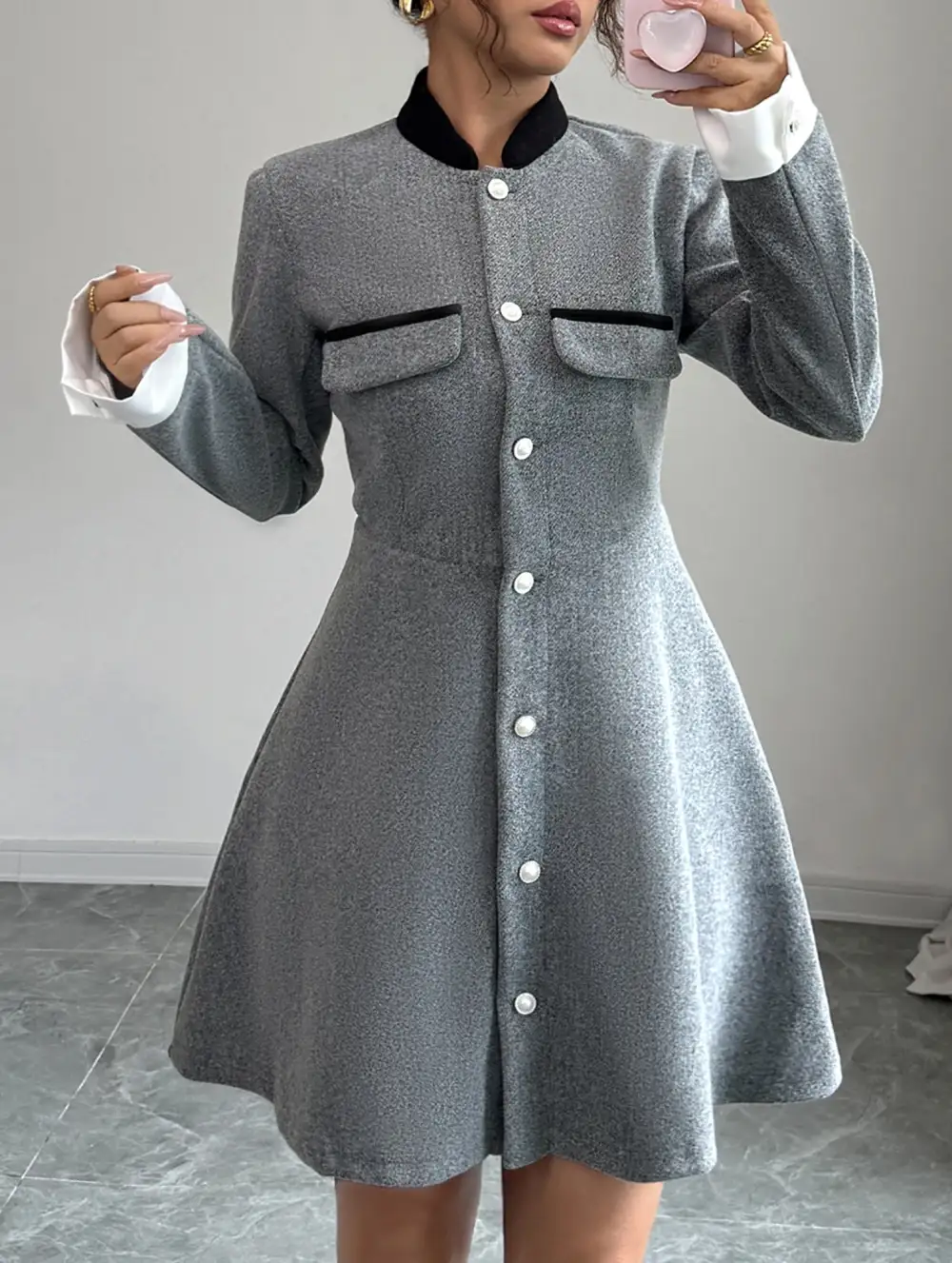 Contrast Collar Tweed Mini Dress