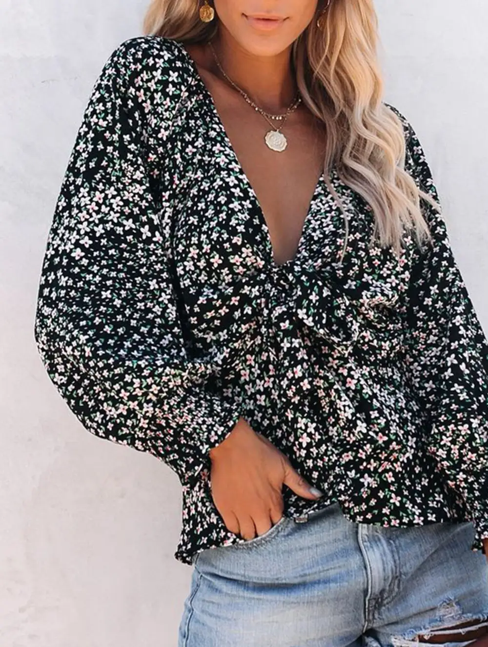 Floral Print V Neck Tie Waist Blouse