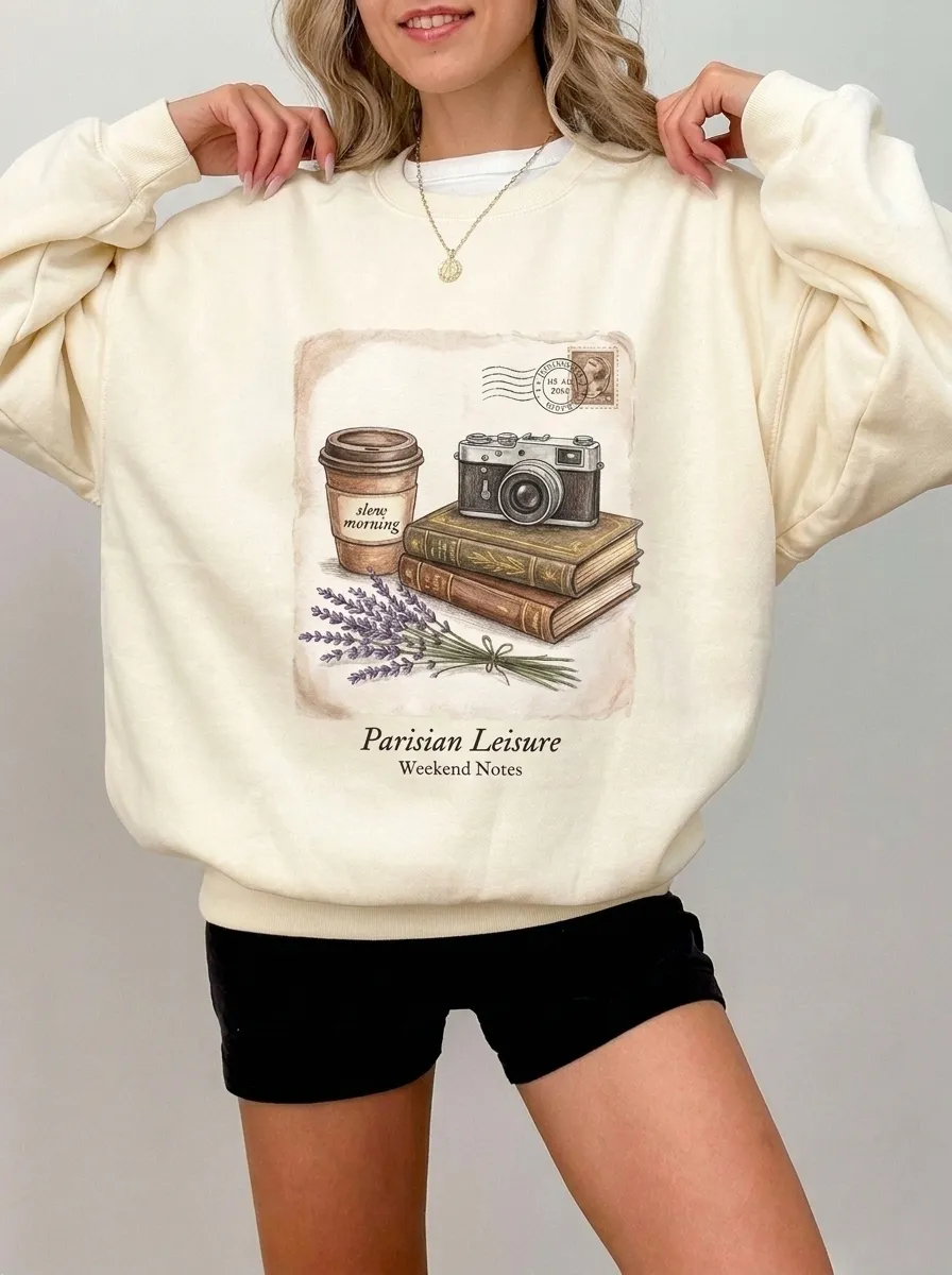Women's Parisian Leisure Camera Coffee Books Printed Sweatshirt