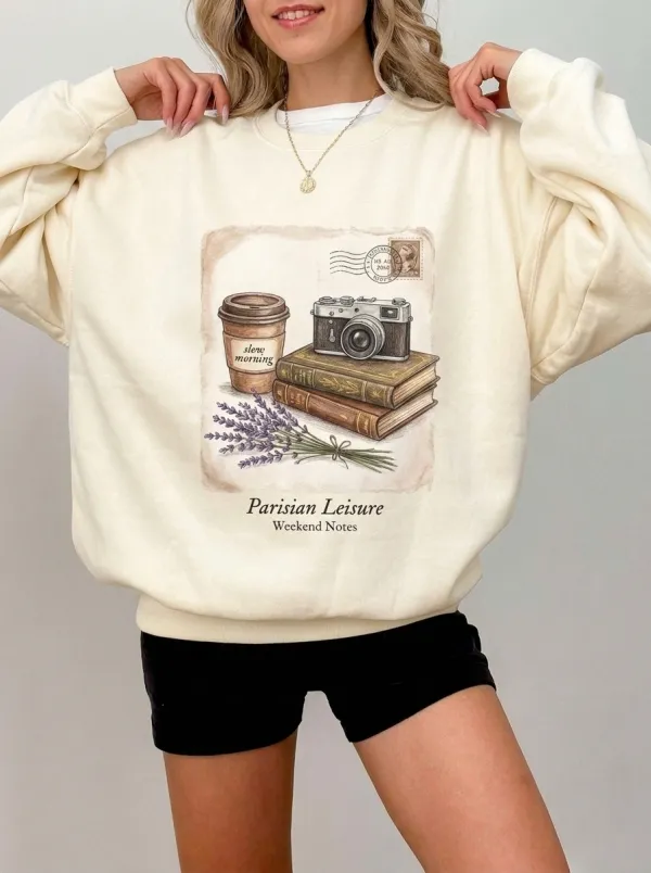 Women's Parisian Leisure Camera Coffee Books Printed Sweatshirt