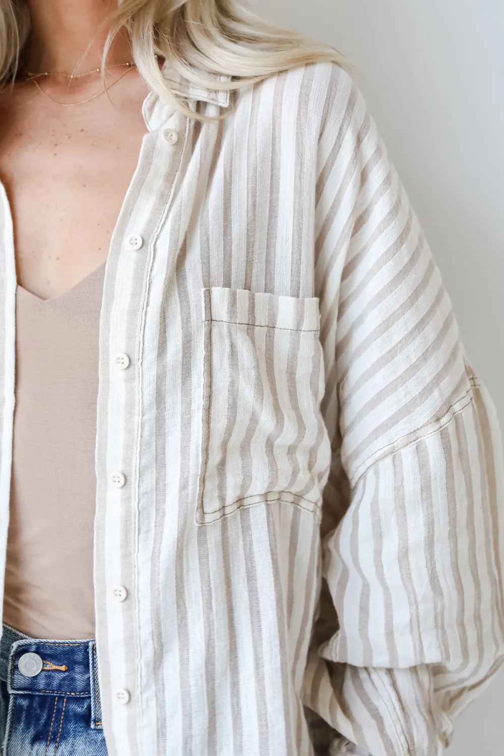 Natural Striped Button-Up Blouse