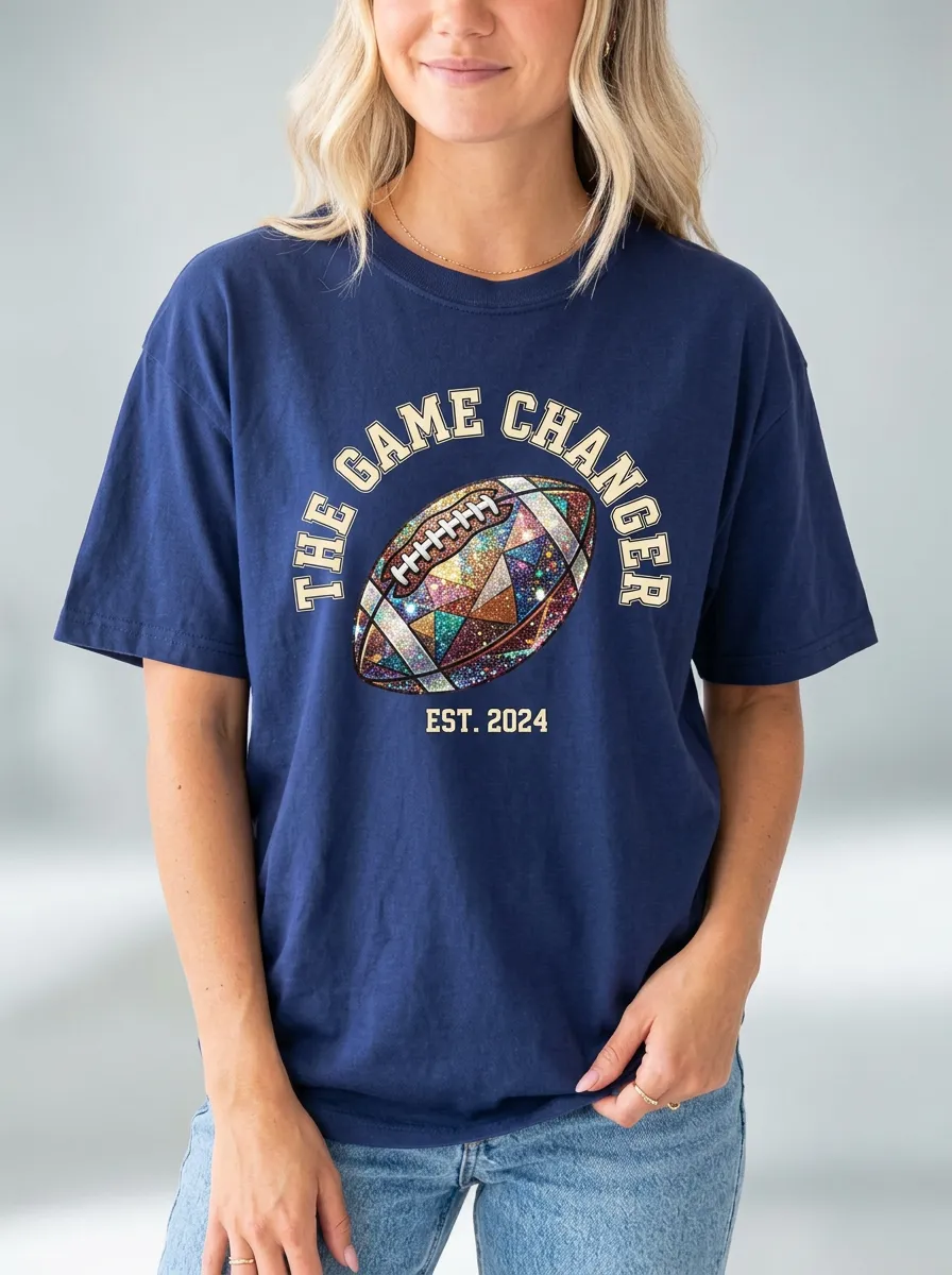 Women's Energetic Football Ball Sparkle Crew Neck Graphic T-Shirt