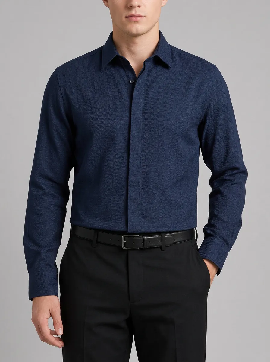 Men's Navy Blue Herringbone Texture Long Sleeve Shirt