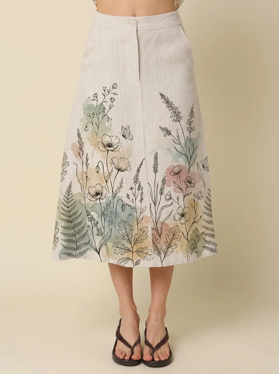 Women's Botanical Nature Lover Watercolor Floral Printed Skirt