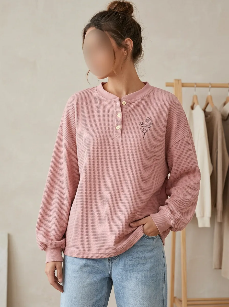 Women's Floral Minimalist Pink Waffle Knit Printed Henley Sweatshirt