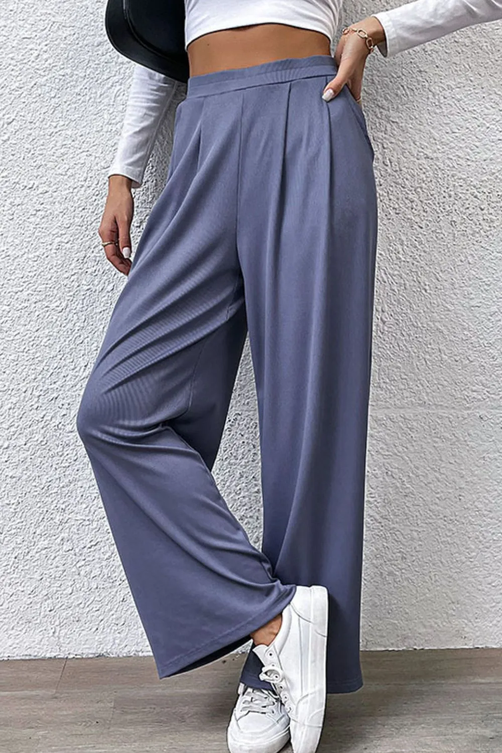 Pleated Detail Wide Leg Pants With Pocket