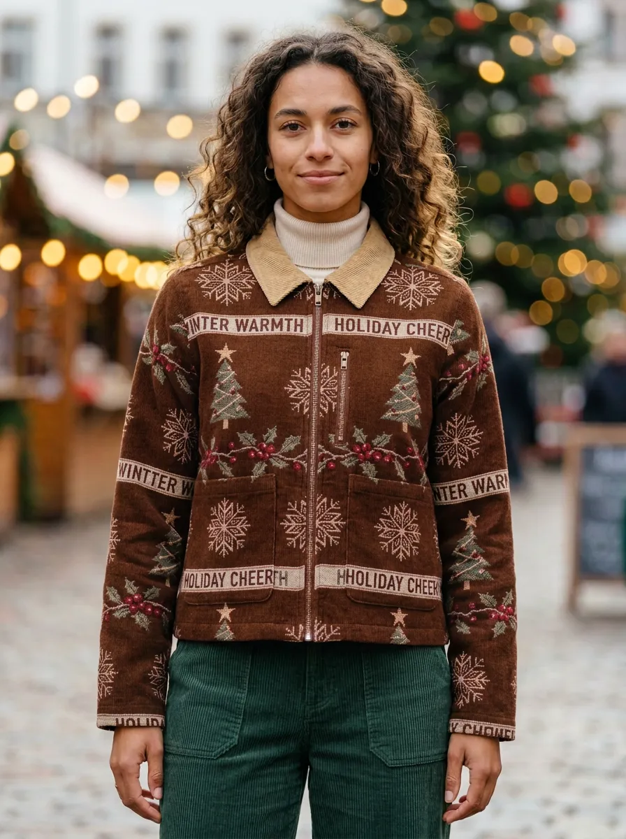 Christmas Holiday Cheer Snowflake Tree Print Jacket