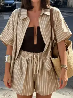 Drawstring Striped Shirt and Shorts Matching Set