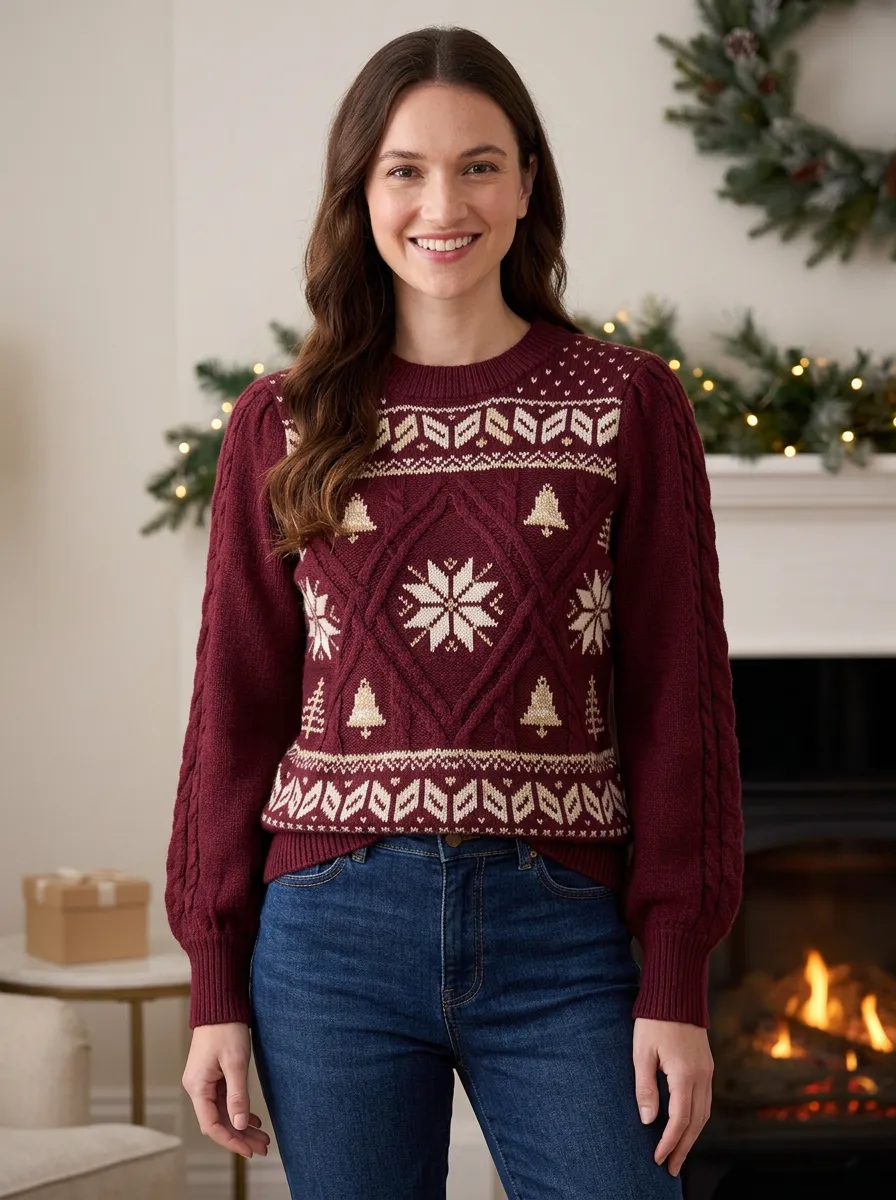 Christmas Holiday Snowflake Tree Pattern Knitted Sweater