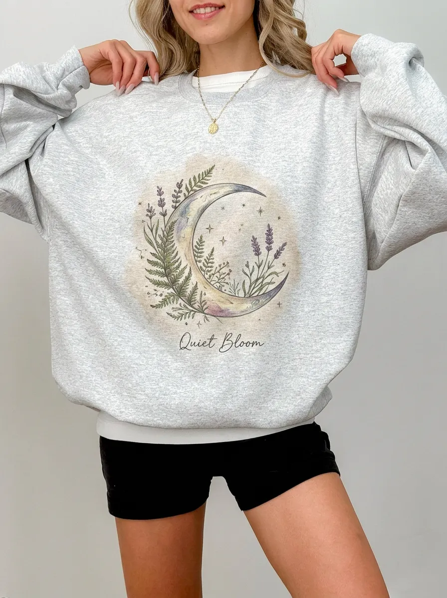 Women's Celestial Botanical Quiet Bloom Crescent Moon Printed Sweatshirt