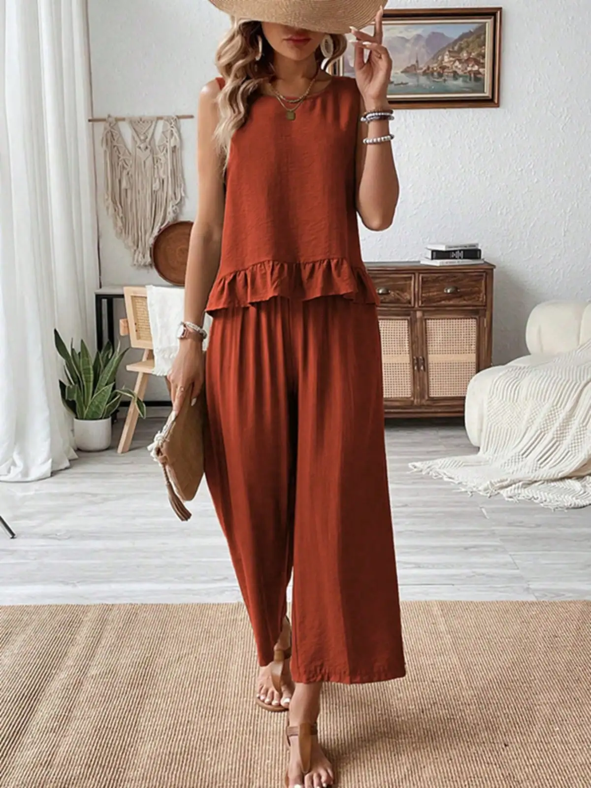 Ruffled Wide-Leg Two-Piece Set