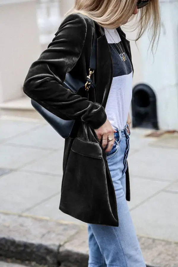 Lapel-Collar Velvet Polyester Tailored Blazer